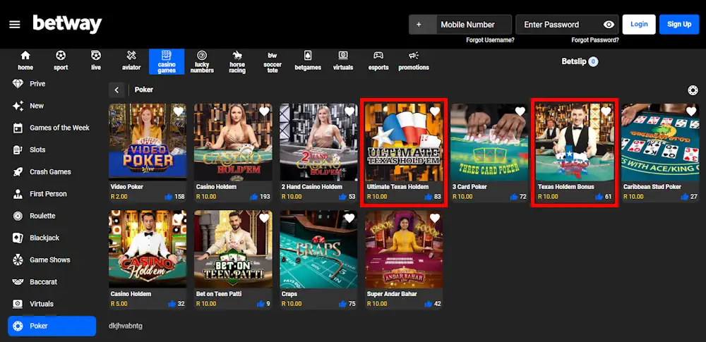 Betway Casino Poker Games Screenshot